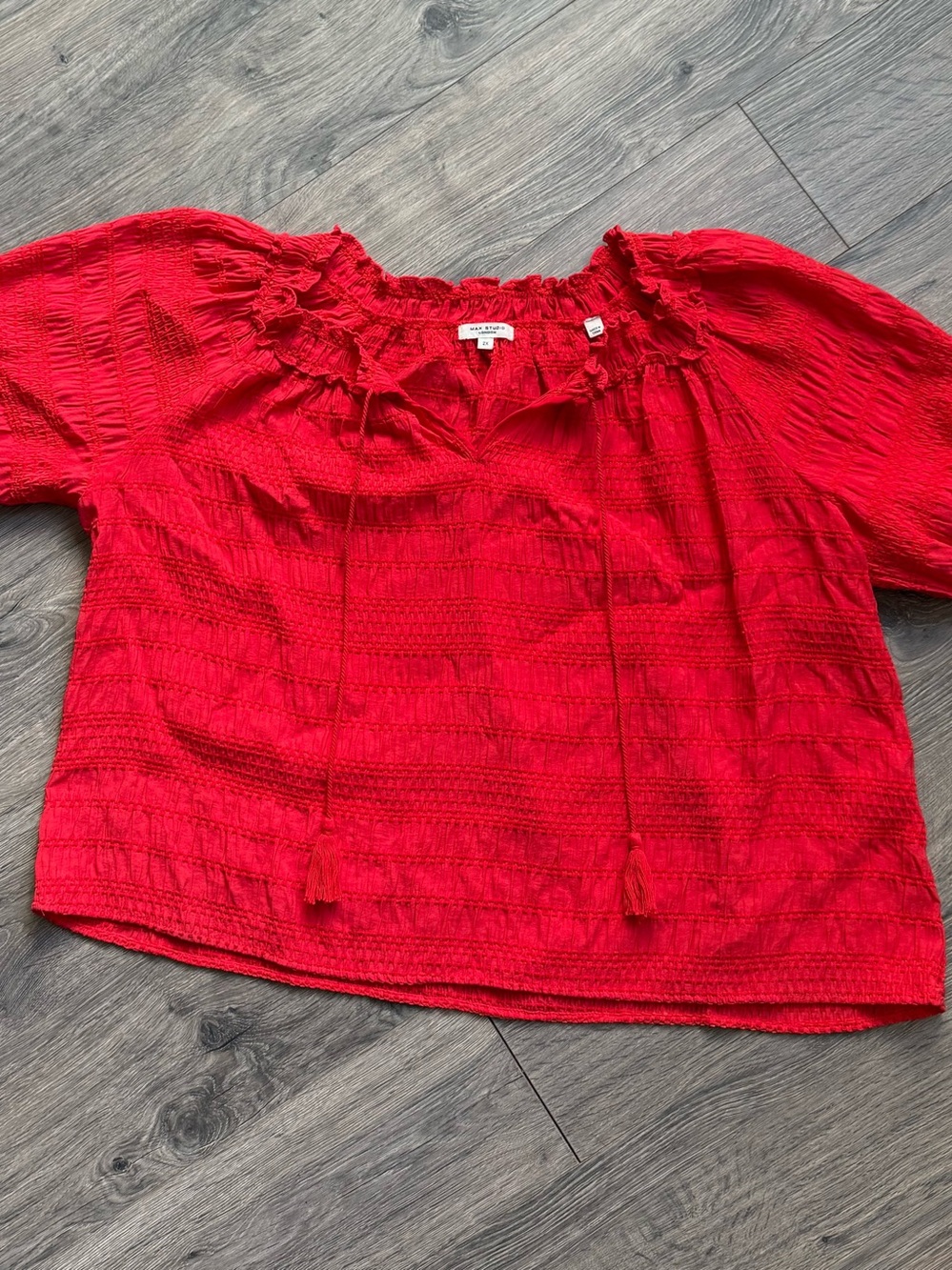 Max Studio London Red Smocked Peasant Blouse Split Tie Neck Plus Size 2X